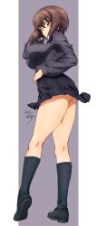 1girl absurdres adjusting_hair black_skirt breasts brown_eyes brown_hair closed_mouth dated dress_shirt erakin full_body girls_und_panzer grey_shirt grey_socks hand_on_own_hip highres kuromorimine_school_uniform large_breasts loafers looking_at_viewer miniskirt nishizumi_maho pleated_skirt school_uniform shirt shoes short_hair simple_background skirt smile socks solo two-tone_background wing_collar
