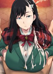 1boy 1girl after_ejaculation black_hair blue_eyes bow bowtie breasts burn_the_witch cafekun censored closed_mouth cum cum_on_body cum_on_breasts cum_on_clothes cum_on_hair cum_on_upper_body expressionless facial green_jacket green_shirt hair_ornament highres jacket large_breasts long_hair long_sleeves looking_at_viewer mosaic_censoring niihashi_noel paizuri paizuri_under_clothes penis pov red_bow red_bowtie shirt solo_focus