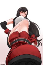 1girl armpit_peek artist_name bare_legs bare_shoulders black_hair black_skirt black_sleeves boots breasts commentary_request crop_top detached_sleeves earrings final_fantasy final_fantasy_vii fingerless_gloves from_below full_body glint gloves gradient_background hand_on_own_hip highres jewelry large_breasts lips long_hair looking_at_viewer looking_down low-tied_long_hair materia miniskirt parted_lips pink_lips pov red_boots red_eyes red_gloves single_earring skirt solo stepped_on suspender_skirt suspenders swept_bangs tank_top tifa_lockhart white_tank_top wolkat