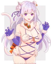 Rule 34 | 1girl, absurdres, adapted costume, alternate color, animal ears, bare shoulders, bikini, blue pupils, bow, braid, breasts, cat ears, cat tail, chaldea logo, claw pose, cleavage, commission, commissioner upload, cosplay, cowboy shot, crown braid, elbow gloves, elf, emilia (re:zero), flower, fur-trimmed gloves, fur-trimmed legwear, fur-trimmed thighhighs, fur bikini, fur collar, fur trim, gem, gloves, green gemstone, hair flower, hair ornament, hair ribbon, highres, large breasts, long hair, looking at viewer, mash kyrielight, mash kyrielight (dangerous beast), mash kyrielight (dangerous beast) (cosplay), navel, non-web source, o-ring, o-ring top, open mouth, orange bow, panties, pointy ears, purple bikini, purple eyes, purple gloves, purple panties, purple ribbon, re:zero kara hajimeru isekai seikatsu, revealing clothes, ribbon, rose, simple background, smile, solo, swimsuit, tail, takahashi rie, thighhighs, truejekart, underwear, voice actor connection, white bikini, white flower, white hair, white rose, x hair ornament