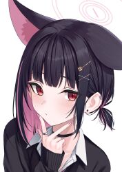 1girl alternate_costume alternate_hairstyle animal_ears black_cardigan black_choker black_hair blue_archive blush cardigan cat_ears cat_girl choker collared_shirt colored_inner_animal_ears commentary_request earrings extra_ears fingernails hair_ornament hairclip halo highres jewelry kazusa_(blue_archive) looking_at_viewer nail_polish pink_hair pink_halo pink_nails ponytail rama_(yu-light8) red_eyes ring shirt short_hair short_ponytail simple_background single_ear_down slit_pupils solo stud_earrings v v_over_mouth w white_background white_shirt x_hair_ornament