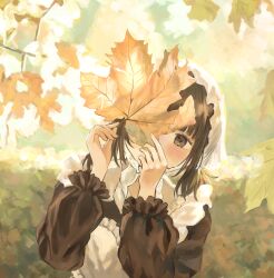 1girl apron autumn_leaves black_dress black_eyes black_hair dress highres leaf maid maple_leaf original sasami_(shiroi_fuwafuwa) solo white_apron