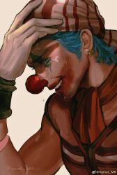 1boy absurdres bandana blue_hair brown_shirt buggy_the_clown clown_nose crying earrings facepaint gloves hand_on_own_head highres jewelry looking_at_viewer male_focus one_piece realistic sad shirt short_hair short_sleeves signature solo vamos_mk white_gloves