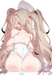 1girl absurdres aqua_eyes armpit_crease ass back backboob bare_shoulders blonde_hair blush breasts commentary covered_mouth english_commentary from_behind hand_on_own_shoulder highres large_breasts leotard long_hair looking_at_viewer looking_back original rayno shoulder_blades simple_background sitting skindentation solo sweat two_side_up very_long_hair white_background white_leotard yellow_nails
