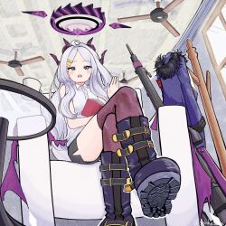 1girl ahoge black_boots black_coat black_halo black_skirt blue_archive boots chair chinke_wana coat demon_girl demon_horns demon_wings gun halo highres hina_(blue_archive) horns indoors long_hair looking_at_viewer machine_gun mg42 on_chair purple_eyes sitting skirt solo table weapon white_hair window wings