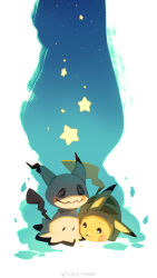 absurdres animal_focus chinese_commentary commentary_request creatures_(company) di_yingli_bu_anmian_zhen full_body game_freak gen_1_pokemon gen_7_pokemon highres looking_at_another mimikyu nintendo no_humans open_mouth pikachu pokemon pokemon_(creature) simple_background star_(sky) star_(symbol) white_background