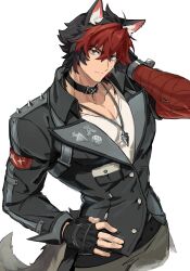 1boy absurdres animal_ears bandaged_arm bandages black_choker black_gloves black_hair black_jacket choker closed_mouth fake_animal_ears fingerless_gloves gloves hair_between_eyes hand_on_own_hip highres jacket jewelry komano_manato long_sleeves looking_at_viewer male_focus necklace okonon_(kado_colda) pants red_eyes red_hair scar scar_on_chest shirt simple_background solo spiked_jacket tail white_background white_shirt zenless_zone_zero