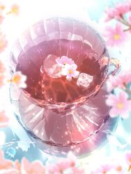 blue_sky cherry_blossoms cup day glass_plate glass_saucer glass_teacup highres jellyfish makoron117117 no_humans original outdoors reflection saucer sky tea teacup