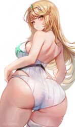 Rule 34 | 1girl, ahoge, alternate costume, annoyed, ass, ass focus, bare shoulders, blonde hair, blush, breasts, cameltoe, from behind, highres, huge ass, large breasts, leonmandala, long hair, looking at viewer, mythra (radiant beach) (xenoblade), mythra (xenoblade), orange eyes, sideboob, solo, thick thighs, thigh strap, thighs, very long hair, xenoblade chronicles (series), xenoblade chronicles 2