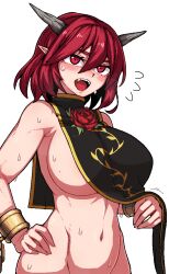 1girl areola_slip breasts close-up commentary cowboy_shot cuffs english_commentary flower flying_sweatdrops formicid groin hair_between_eyes hand_on_own_hip horns huge_breasts ibaraki_douji_(touhou) ibaraki_kasen looking_ahead medium_hair naked_tabard navel open_mouth pointy_ears red_eyes red_flower red_hair red_rose rose shackles simple_background solo sweat tabard teeth touhou upper_teeth_only white_background