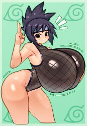 1girl alternate_breast_size angstrom armpits bare_shoulders bent_over black_hair breasts gigantic_breasts highres looking_at_viewer mitarashi_anko naruto naruto_(series) shiny_skin smile solo standing thighs