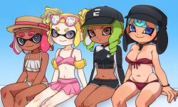 4girls :3 bare_shoulders baseball_cap between_legs bikini bikini_skirt black_hat black_jacket black_shorts blonde_hair blue_eyes blue_hair blue_pupils boater_hat breasts bright_pupils brown_hat cleavage closed_mouth collarbone cropped_jacket dark-skinned_female dark_skin dolphin_shorts drill_hair eyebrow_cut eyewear_on_head frown furrowed_brow green_hair grey_eyes groin hand_between_legs hat ikki_(gsl_9708) inflatable_armbands inkling inkling_girl inkling_player_character jacket korean_commentary light_blue_hair light_particles long_hair long_sleeves medium_breasts multicolored_jacket multiple_girls navel nintendo octoling octoling_girl octoling_player_character pink-framed_eyewear pink_bikini pink_hair pointy_ears purple_eyes purple_pupils red_bikini red_eyes short_hair shorts sitting small_breasts smile splatoon_(series) strapless strapless_bikini swimsuit tan tanline tentacle_hair twintails two-tone_jacket white_bikini white_jacket white_pupils