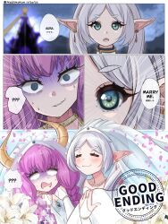 2girls ? @_@ absurdres alternate_costume aura aura_(sousou_no_frieren) aura_bullying_(meme) bead_necklace beads blank_eyes blue_eyes blush braid breasts bridal_gauntlets bridal_veil carrying cleavage closed_mouth comic dark_aura dated demon_girl demon_horns dress earrings elf emphasis_lines english_text falling_petals female_focus flower frieren gloves good_end good_ending green_eyes grey_hair highres horns japanese_text jewelry lily_(flower) long_hair looking_at_viewer mixed-language_text multiple_girls necklace nervous_smile nervous_sweating nyahiro open_mouth parted_bangs petals pink_hair pointy_ears princess_carry scared small_breasts smile sousou_no_frieren sparkle speech_bubble surprised sweat sweatdrop turn_pale twintails twitter_username veil wedding wedding_dress weighing_scale white_dress white_flower white_gloves white_lily wife_and_wife yuri
