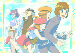 3boys 3girls audrey_(pokemon) black_hair blue_hair blue_shirt brother_and_sister grey_pants hands_up jacket kathryn_(pokemon) kimimi_(kmm) long_sleeves multiple_boys multiple_girls nintendo open_mouth orange_footwear pants poke_ball pokemon pokemon:_destiny_deoxys pokemon_(anime) pokemon_rse_(anime) purple_hair rafe_(pokemon) rebecca_(pokemon) red_shoes shirt shoes siblings sid_(pokemon) smile sweatpants tory_lund twins watch wristwatch