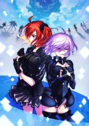 4boys 5girls adele_(fate) ahoge armor armored_leotard asha_(fate) belt black_armor black_gloves black_leotard black_scrunchie black_shirt black_skirt brown_hair cloud command_spell cowboy_shot fate/grand_order fate_(series) fujimaru_ritsuka_(female) fujimaru_ritsuka_(female)_(polar_chaldea_uniform) gerda_(fate) gloves hair_ornament hair_scrunchie half-closed_eyes highres jason_(fate) leotard makarios_(fate) mash_kyrielight mash_kyrielight_(ortenaus) multiple_boys multiple_girls patxi_(fate) polar_chaldea_uniform pouch purple_eyes purple_hair scrunchie serious shi_huang_di_(fate) shirt short_hair skirt sky uni_(nico02) yellow_eyes