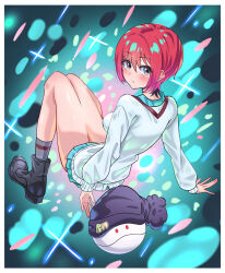 1girl absurdres amate_yuzuriha aqua_background aqua_eyes aqua_skirt bare_legs black_boots blush boots border breasts cardigan closed_mouth commentary grey_socks gundam gundam_gquuuuuux haro highres knees_up long_sleeves looking_at_viewer looking_back medium_breasts pleated_skirt red_hair school_uniform short_hair skirt socks solo thighs uyufuzi_s white_border white_cardigan