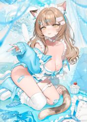 1girl :p animal_ear_fluff animal_ear_piercing animal_ears asymmetrical_legwear bandage_on_knee bandaid bandaid_on_leg blue_jacket blue_nails blue_ribbon blue_shirt breasts brown_hair candy cat_ears cat_girl cat_hair_ornament cat_tail center-flap_bangs cherry choker cleavage cupcake detached_wings food frilled_shirt frills fruit hair_ornament hair_ribbon hairclip highres indie_virtual_youtuber jacket kneehighs long_hair looking_at_viewer maid_headdress mayuri_kaichou medium_breasts mini_wings mole mole_on_breast off_shoulder pillow ribbon second-party_source seiza shirasu_neko shirt sidelocks single_kneehigh single_sock sitting socks solo tail tongue tongue_out v virtual_youtuber white_choker white_wings wings x_hair_ornament yellow_eyes