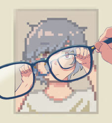 Rule 34 | 1girl, absurdres, adjusting eyewear, avogado6, blue-framed eyewear, brown eyes, closed mouth, glasses, grey hair, highres, looking at viewer, original, pixel art, pov, short hair, solo
