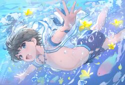 Rule 34 | 1boy, bead necklace, beads, black hair, blue eyes, blue male swimwear, cocolo (co co lo), commentary request, highres, jacket, jewelry, male focus, male swimwear, necklace, nipples, open mouth, original, see-through clothes, see-through jacket, short hair, solo, underwater