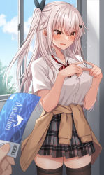 Rule 34 | 1girl, 1other, black ribbon, blush, breasts, brown cardigan, brown thighhighs, butterfly hair ornament, cardigan, cardigan around waist, clothes around waist, collarbone, collared shirt, commentary request, day, dress shirt, etna (kuzuyu), flying sweatdrops, grey skirt, hair between eyes, hair ornament, hair ribbon, highres, holding, indoors, komori kuzuyu, long hair, looking away, medium breasts, nail polish, nervous smile, one side up, original, out of frame, parted lips, pink nails, plaid clothes, plaid skirt, pleated skirt, red eyes, ribbon, school uniform, shirt, short sleeves, skirt, smile, solo focus, sweat, thighhighs, ticket, very long hair, white hair, white shirt, window