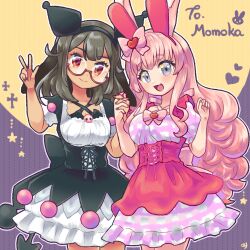 Rule 34 | 2girls, animal ears, black corset, black hair, black hairband, black skirt, black straps, bobbles, bow, bowtie, breasts, cheshii, closed mouth, commentary, commission, commissioner name, corset, cosplay, cowboy shot, criss-cross straps, cross, crucifix, dot nose, double-parted bangs, dress, english commentary, english text, frilled skirt, frills, glasses, grey eyes, grid print, hair bow, hair ornament, hairband, hand up, heart, heart hair ornament, heart ornament, highres, holding hands, indie virtual youtuber, interlocked fingers, kuromi, kuromi (cosplay), large breasts, layered skirt, looking at viewer, magical momoka, medium hair, multiple girls, my melody, my melody (cosplay), onegai my melody, open mouth, orange background, pink bow, pink bowtie, pink dress, pink hair, pmx, puffy short sleeves, puffy sleeves, purple background, rabbit ears, rabbit girl, rabbit in eyes, rabbit symbol, red corset, red eyes, red skirt, sanrio, second-party source, shirt, short sleeves, skirt, skull ornament, smile, split mouth, star (symbol), two-tone background, v, virtual youtuber, white dress, white shirt, white skirt