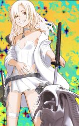 1girl bare_shoulders belt braid breasts brown_eyes chuuou_higashiguchi commentary_request impaled jacket katana leotard long_hair looking_at_viewer monster_girl open_clothes open_jacket original small_breasts smile sword teeth weapon white_hair white_jacket white_leotard