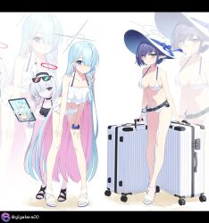 4girls :3 absurdres alternate_costume aoi_(blue_archive) arona_(blue_archive) bent_over bikini black_bikini black_hairband blue_archive blue_eyes blue_hair blue_ribbon blue_scrunchie blue_shirt blush braid closed_eyes closed_mouth colored_inner_hair expressionless eyewear_on_head general_student_council_president_(blue_archive) giga-tera grey_eyes grey_hair hair_over_one_eye hairband hat hat_ribbon highres holding holding_suitcase long_hair multicolored_hair multiple_girls pink_hair plana_(blue_archive) pointy_ears ribbon sailor_collar sandals scrunchie shirt sidelocks single_braid smile suitcase sunglasses swimsuit two-tone_hair white_bikini white_hairband white_hat white_sailor_collar white_sandals wrist_scrunchie zoom_layer