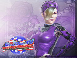 1girl 3d blonde_hair blue_eyes bodysuit breasts eyeshadow female_focus flower hair_over_one_eye hand_on_own_hip hat leather lipstick makeup official_art official_wallpaper rita_de_la_rosa rose sega-race_tv solo united_states