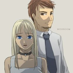 1boy 1girl :o bare_shoulders blonde_hair blue_eyes brown_eyes brown_hair choker cing copyright_name cross dress_shirt facial_hair goatee height_difference hotel_dusk kyle_hyde long_hair looking_at_viewer lowres mila_evans necktie open_mouth shirt sidelocks silver_background simple_background sketch swept_bangs upper_body