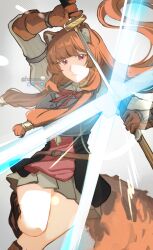 Rule 34 | 1girl, absurdres, animal ear fluff, animal ears, arm up, armor, armored gloves, artist name, belt, bilingual commentary, black dress, bluesky logo, bluesky username, blunt bangs, boots, breastplate, breasts, brown belt, brown boots, brown gloves, brown hair, collared dress, commentary, dotted background, dress, elbow gloves, english commentary, floating hair, glint, gloves, gradient background, grey background, hand up, high collar, highres, holding, holding sheath, holding sword, holding weapon, instagram logo, instagram username, knee boots, knowname, layered dress, leg up, long hair, looking at viewer, medium breasts, metal arm cuffs, metal hair tubes, metal wrist cuffs, mixed-language commentary, neck ribbon, parted lips, pauldrons, pixiv logo, pixiv username, pleated dress, raccoon ears, raccoon girl, raccoon tail, raphtalia, red dress, red eyes, red ribbon, ribbon, scabbard, sheath, shoulder armor, signature, single pauldron, solo, striped clothes, striped dress, sword, tail, tate no yuusha no nariagari, twitter logo, twitter username, two-tone dress, unsheathing, vertical-striped clothes, vertical-striped dress, weapon, white background, white dress