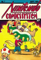 6+boys action_comics arms_up blue_eyes bowser brown_hair cape cape_mario carrying_overhead claws comic dc_comics derivative_work facial_hair gloves goomba hat looking_at_another luigi mario mario_(series) multiple_boys mustache nintendo open_mouth overalls parody red_hair spiked_shell super_mario_world superman surprised toad_(mario)