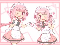 Rule 34 | 2girls, ;d, apron, bad id, bad twitter id, blunt bangs, blush, border, bow, braid, collared dress, cowboy shot, dot nose, dress, frilled apron, frilled dress, frills, gloves, hair bow, heart, heart hands, heart hands duo, holding, holding tray, long hair, looking at viewer, magia record: mahou shoujo madoka magica gaiden, mahou shoujo madoka magica, maid, maid headdress, multiple girls, necktie, one eye closed, open mouth, pink bow, pink dress, pink eyes, pink hair, pink ribbon, pleated dress, reverse (bluefencer), ribbon, siblings, sidelocks, sisters, sleeveless, sleeveless dress, smile, tamaki iroha, tamaki ui, thighhighs, tray, twin braids, very long hair, waist apron, white apron, white gloves