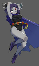 1girl :3 armpits arms_up black_gloves black_leotard blue_cape blush breasts cape colored_skin dc_comics fingerless_gloves flowerpigeon forehead_jewel full_body gem gloves grey_background grey_skin highres leotard looking_at_viewer purple_footwear purple_hair raven_(dc) red_gemstone simple_background solo teen_titans