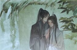 Rule 34 | 2boys, absurdres, black hair, black hanfu, chinese clothes, chinese commentary, chu wanning, closed eyes, closed mouth, erha he tadebai mao shizun, foliage, half updo, hanfu, high ponytail, highres, holding hands, long hair, long sleeves, looking down, male focus, mo ran, multiple boys, outdoors, plant, ponytail, rain, smile, tianhongqwq, upper body, white hanfu, wide sleeves, xiao guan (headdress), yaoi