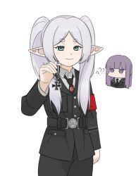 2girls ? ?? armband black_cat03 black_jacket black_necktie black_pants cross elf fern_(sousou_no_frieren) frieren green_eyes grey_hair highres iron_cross jacket looking_at_viewer military_dress_uniform military_jacket military_uniform multiple_girls nazi nazi_party_pin necktie pants pointy_ears purple_eyes purple_hair red_armband simple_background smile sousou_no_frieren ss_uniform swastika twintails waffen-ss white_background