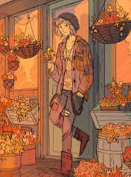 1girl beanie blue_hair brown_footwear chloe_price coat denim flower flower_shop hat jeans life_is_strange_(series) life_is_strange_1 looking_at_viewer mollifiable pants shop short_hair smile solo sunset torn_clothes torn_jeans torn_pants