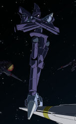 after_war_gundam_x commentary_request crossed_arms glowing glowing_eye gundam gundam_gquuuuuux gyan_(gquuuuuux) highres holding holding_polearm holding_weapon kikeroga_(gquuuuuux) lance mecha mecha_focus mono-eye nanaku_teiru no_humans parody pink_eyes polearm robot science_fiction shield space standing_on_weapon star_(sky) weapon