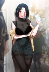 1girl :d afterimage against_wall akchu black_bra black_hair black_nails black_shirt black_skirt blush bra breasts cellphone cleavage collarbone feet_out_of_frame high-waist_skirt highres hina_(akchu) holding holding_phone jacket lace lace-trimmed_bra lace_trim large_breasts long_sleeves looking_at_viewer nail_polish open_clothes open_jacket open_mouth original pantyhose people phone red_eyes see-through_clothes shirt short_hair short_sleeves skirt smartphone smile solo_focus speech_bubble standing teeth textless_version thighband_pantyhose thought_bubble underwear upper_teeth_only waving yellow_jacket