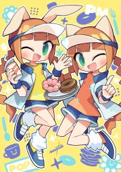Rule 34 | 2girls, :d, animal ears, bemani, blue footwear, blue shorts, braid, cat ears, cat girl, commentary, cup, disposable cup, donut, food, green eyes, highres, holding, holding cup, jacket, looking at viewer, mimi (pop&#039;n music), multiple girls, nanatsuta, nyami (pop&#039;n music), one eye closed, open mouth, orange hair, orange shirt, outline, pon de ring, pop&#039;n music, rabbit ears, rabbit girl, shirt, shoes, short shorts, short sleeves, shorts, smile, sneakers, socks, twin braids, visor cap, white jacket, white outline, white socks, yellow background, yellow shirt