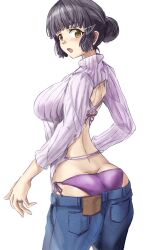 1girl alternate_costume ass black_hair braid braided_bun breasts butt_crack denim from_behind hair_bun hair_ornament hairclip highres jeans jewelry kantai_collection long_sleeves looking_at_viewer medium_breasts myoukou_(kancolle) open_mouth panties pants purple_panties ribbed_sweater ring short_hair simple_background single_hair_bun solo sweater tonke underwear wedding_ring white_background yellow_eyes