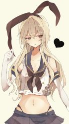 Rule 34 | 10s, 1girl, bad id, bad pixiv id, elbow gloves, eve (meltdown), female focus, gloves, heart, highres, kantai collection, navel, panties, ribbon, shimakaze (kancolle), skirt, solo, triangle mouth, underwear, white gloves