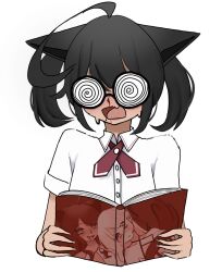 ahoge animal_ears birthmark black_cat black_hair blood bow cat cat_ears cat_girl coke-bottle_glasses dark_skin fang glasses highres huge_ahoge indie_virtual_youtuber nek0roe nek0roe_(artist) nosebleed reading school_uniform skin_fang tail virtual_youtuber yuri