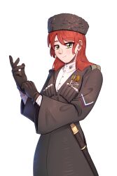 Rule 34 | 1boy, absurdres, adjusting clothes, adjusting gloves, arditi, bishounen, black coat, black gloves, character name, chokha, closed mouth, coat, collar pin, collared shirt, cossack, cowboy shot, english text, epaulettes, fluffkaiser, fur hat, gazyr, gloves, green eyes, hair between eyes, hair over shoulder, hat, high collar, highres, kenneth del duca, long hair, long sleeves, looking at viewer, medal, military uniform, non-web source, order of symon petliura, order of the great siberian ice march, original, red hair, ribbon of saint george, russian civil war, russian flag, scabbard, shashka, sheath, shiny eyes, shirt, skull, skull pin, smile, solo, standing, transparent background, tryzub, ukrainian flag, white shirt, white undershirt, wide sleeves, world war i