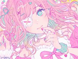 1girl 43_pon bad_id bad_twitter_id blue_eyes choker cosmetics earrings eyepatch hair_ornament hair_ribbon hairclip hands_up heart heart_eyepatch holding holding_lipstick_tube jewelry lipstick_tube long_hair looking_at_viewer nail_polish original pill pink_hair pink_nails pink_ribbon ribbon solo upper_body wavy_hair white_choker wrist_cuffs wristband