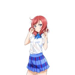 1girl blue_bow blue_bowtie blue_skirt blush bow bowtie clenched_hand closed_mouth cowboy_shot diagonal-striped_bow diagonal-striped_bowtie diagonal-striped_clothes dress_shirt furrowed_brow hands_up index_finger_raised jitome looking_at_viewer love_live! love_live!_school_idol_festival love_live!_school_idol_project miniskirt murota_yuuhei nishikino_maki official_art otonokizaka_school_uniform plaid_clothes plaid_skirt pleated_skirt purple_eyes raised_inner_eyebrows red_hair school_uniform see-through_clothes shirt skirt solo standing striped_clothes transparent_background water water_drop wet wet_clothes wet_shirt white_shirt