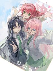 Rule 34 | 3girls, absurdres, ahoge, awa subaru, bang dream!, bang dream! it&#039;s mygo!!!!!, black hair, black jacket, blue eyes, bocchi the rock!, brown shirt, chihaya anon, commentary, crossover, diagonal-striped clothes, diagonal-striped necktie, genre connection, girls band cry, glasses, green eyes, green necktie, green skirt, grey jacket, grey skirt, hair ribbon, hand in pocket, hand on own cheek, hand on own face, haneoka school uniform, highres, jacket, kita ikuyo, long hair, long sleeves, multiple girls, necktie, one eye closed, one side up, open clothes, open jacket, open mouth, parted bangs, pink hair, pleated skirt, purple eyes, red hair, ribbon, school uniform, shirt, shuka high school uniform, sidelocks, skirt, striped clothes, symbol-only commentary, teeth, upper teeth only, v, white ribbon, yezhi dun luobei