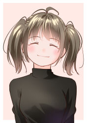 Rule 34 | 1girl, ^ ^, ahoge, black sweater, brown hair, closed eyes, facing viewer, gradient background, original, pink background, short twintails, smile, solo, sweater, turtleneck, turtleneck sweater, twintails, upper body, yamanaka kouji (yanchiki2001)