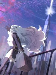 1girl ahoge arupakkadesu_pixv bag black_coat black_halo black_skirt blue_archive building coat crying demon_girl demon_horns gehenna_academy_logo halo highres hina_(blue_archive) holding holding_bag horns long_hair night outdoors purple_eyes skirt solo white_hair