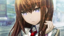 1girl akihabara_(tokyo) annoyed blurry blurry_background breasts brown_hair brown_jacket closed_mouth collared_shirt eyelashes fingernails frown game_cg glaring hair_between_eyes hair_over_shoulder highres holding holding_own_hair huke jacket jacket_partially_removed long_hair looking_at_viewer makise_kurisu necktie non-web_source official_art outdoors pink_lips purple_eyes purple_trim red_necktie ringed_eyes shiny_lips shirt small_breasts solo square_pupils steins;gate steins;gate:_my_darling&#039;s_embrace v-shaped_eyebrows watch white_shirt wristwatch