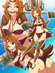 10s 1girl :d alcohol animal_ears ass bad_id bad_pixiv_id beer bikini breasts brown_eyes brown_hair cleavage delilah_(gate) female_focus fur gate_-_jieitai_ka_no_chi_nite_kaku_tatakaeri highres long_hair medium_breasts monster_girl open_mouth poncho_s rabbit_ears rabbit_girl rabbit_tail side-tie_bikini_bottom smile solo swimsuit tail tiara tray very_long_hair